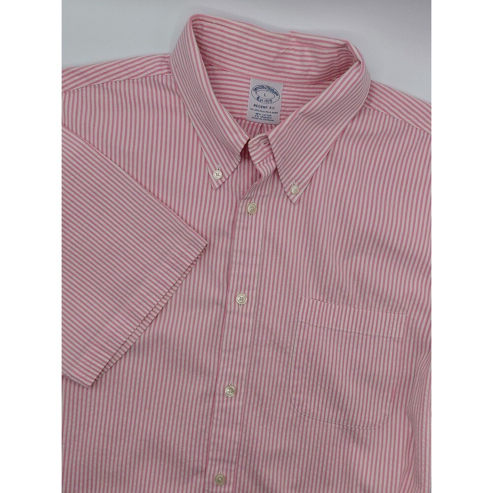 Brooks Brothers Regent Fit Seersucker Short Sleeve Shirt Men's Large Pink Stripe